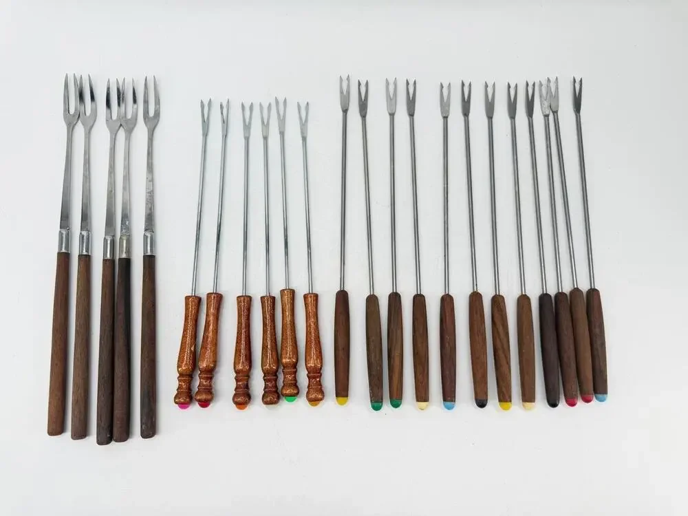 Vintage 23 Pc Fondue Fork Skewer Set Stainless Steel Wood Handles Japan Taiwan